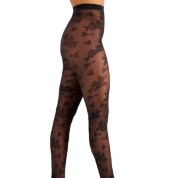 INC International Concepts Womens Flocked Floral Tights Size Medium/Large Black - Picture 1 of 2